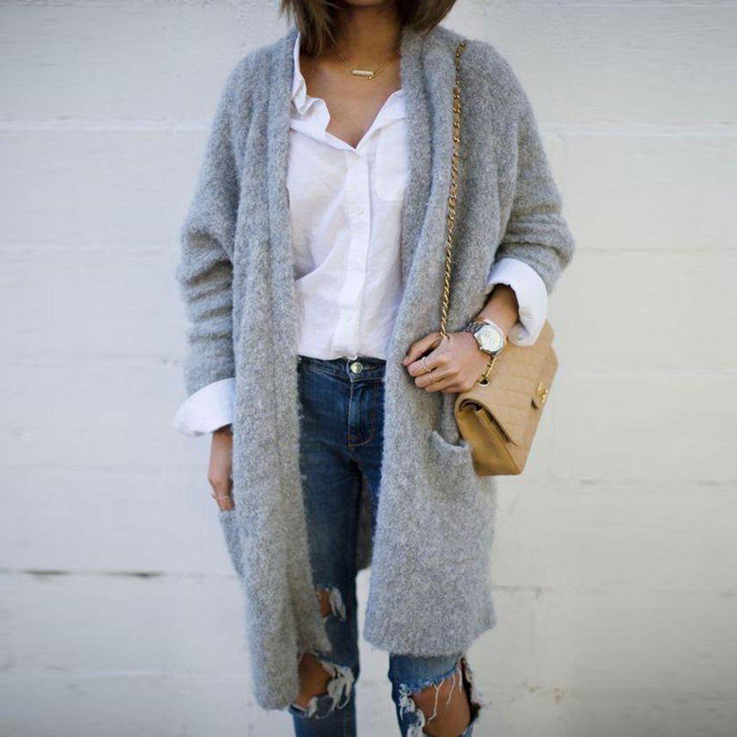 Elegant Open Front Plain Grey Cardigan