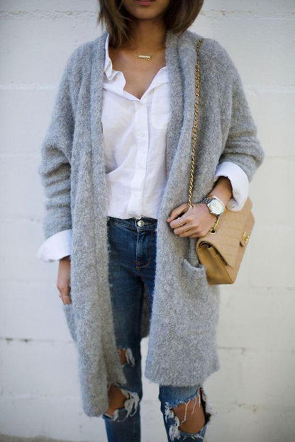 Elegant Open Front Plain Grey Cardigan